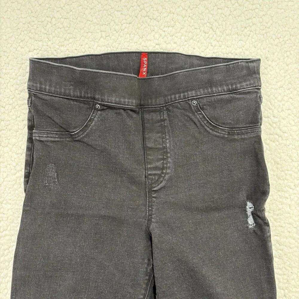 Spanx Jeans Womens L‎ Black Distressed Ankle Skinny High Rise Raw Hem Stretch